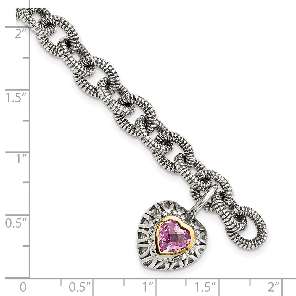Sterling Silver Antiqued w/14k Created Pink Sapphire Heart Bracelet