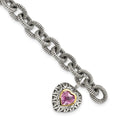 Sterling Silver Antiqued w/14k Created Pink Sapphire Heart Bracelet