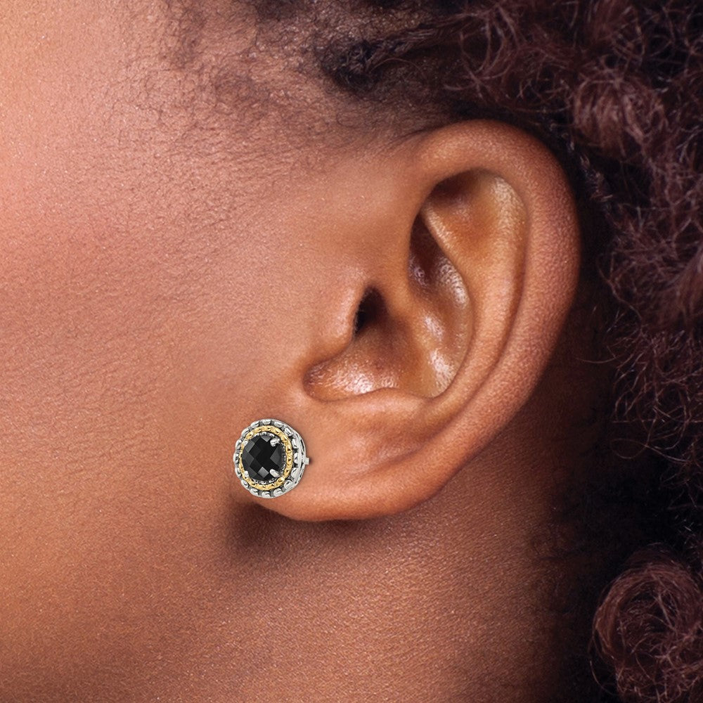 Sterling Silver Antiqued w/ 14k Polished Onyx Earrings