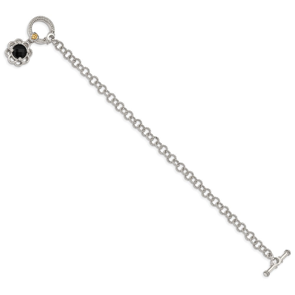 Sterling Silver RH-pl w/14k Accent Onyx/Diamond 7.5in Toggle Bracelet