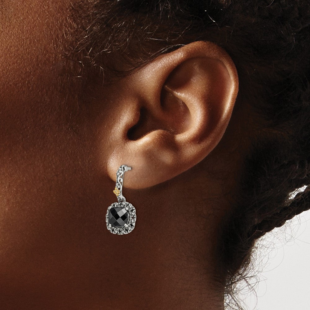 Sterling Silver Antiqued w/ 14k Polished Onyx Earrings
