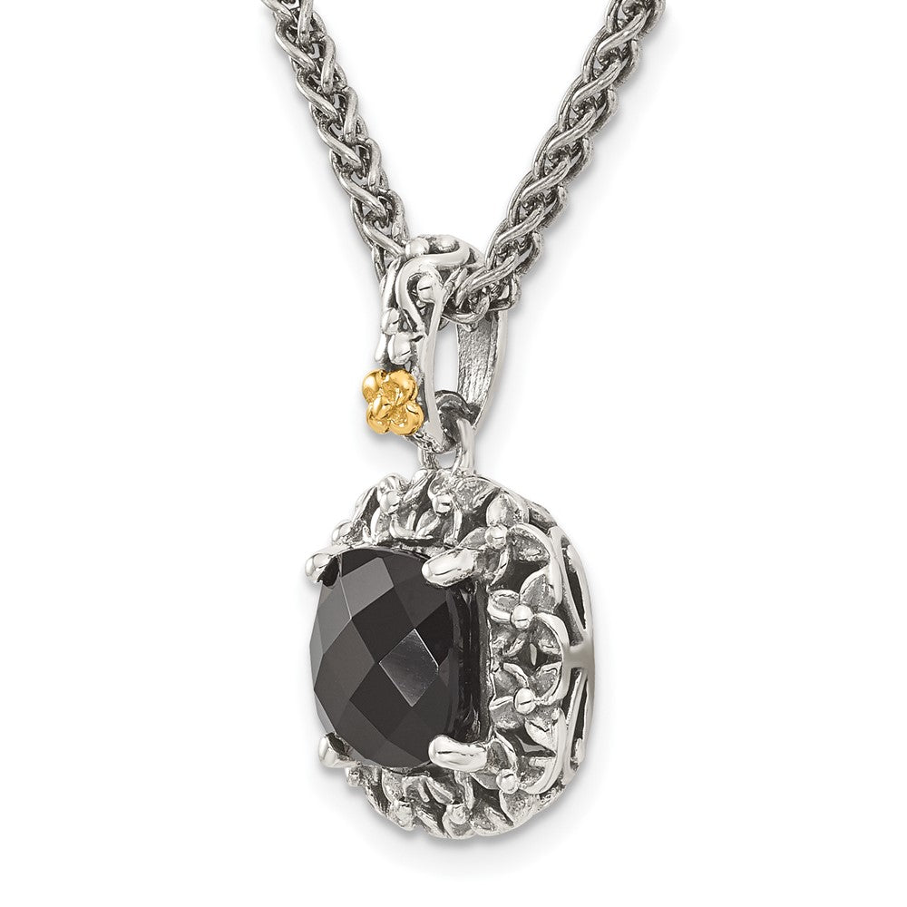 Sterling Silver w/14k Antiqued Polished Onyx Necklace