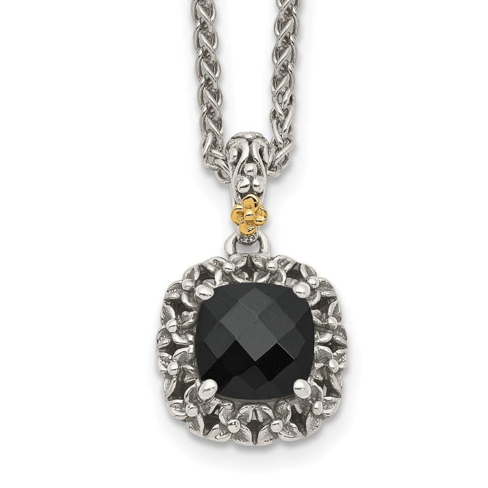 Sterling Silver w/14k Antiqued Polished Onyx Necklace