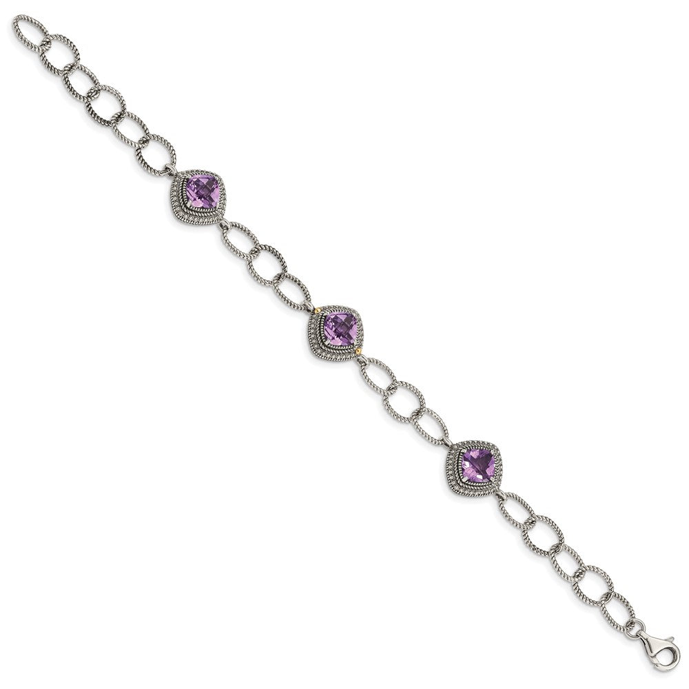 Sterling Silver Antiqued w/ 14K Accent Amethyst 7.5in Bracelet