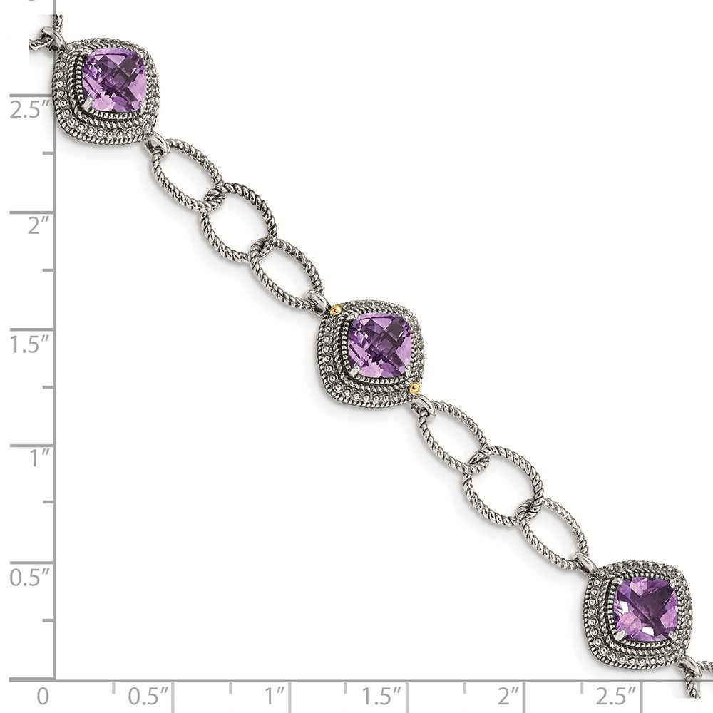 Sterling Silver Antiqued w/ 14K Accent Amethyst 7.5in Bracelet