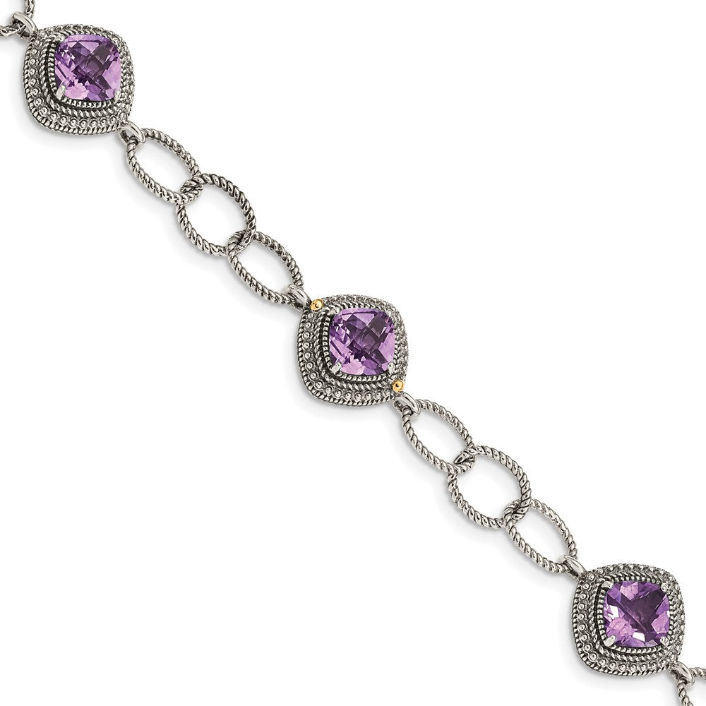 Sterling Silver Antiqued w/ 14K Accent Amethyst 7.5in Bracelet