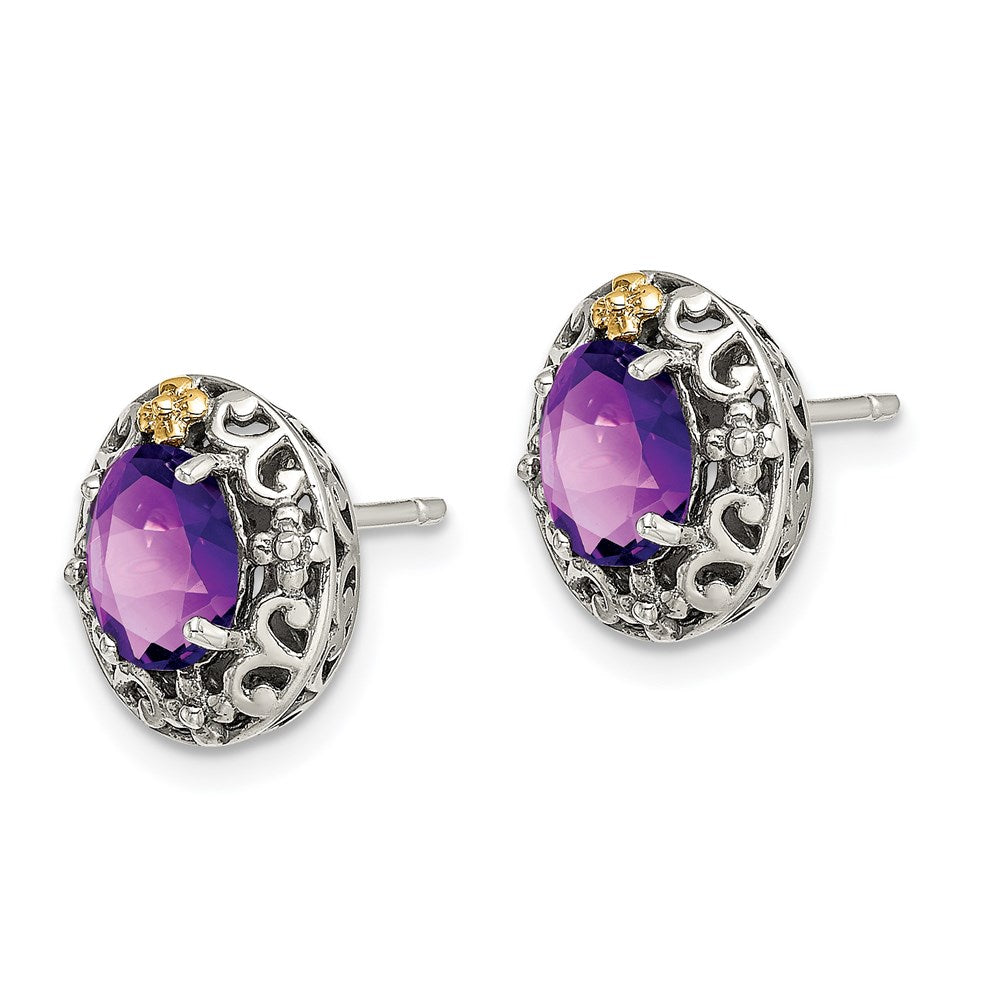 Sterling Silver Antiqued w/ 14K Accent Amethyst Post Earrings