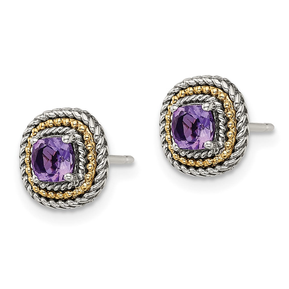 Sterling Silver Antiqued w/ 14K Accent Amethyst Square Post Earrings