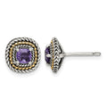 Sterling Silver Antiqued w/ 14K Accent Amethyst Square Post Earrings