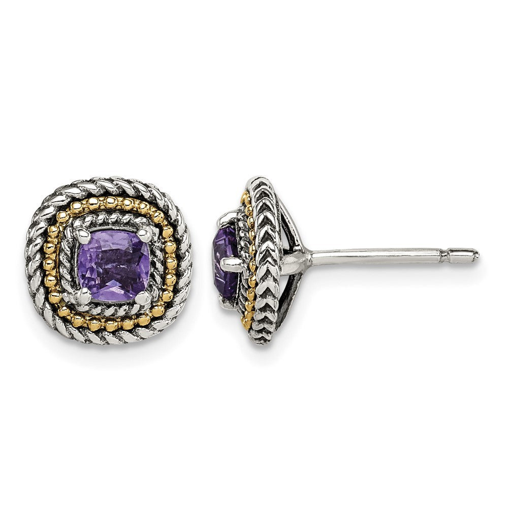 Sterling Silver Antiqued w/ 14K Accent Amethyst Square Post Earrings