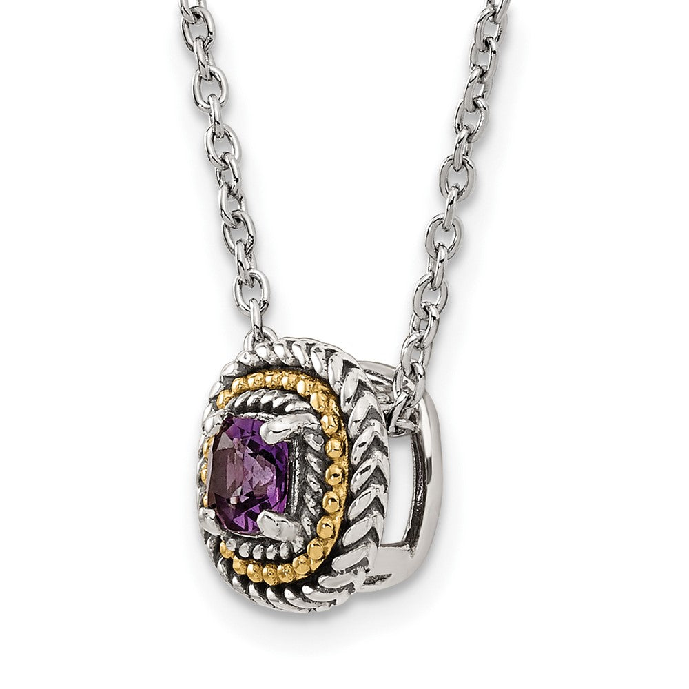 Sterling Silver Antiqued w/14K Accent Amethyst Square Slide Necklace