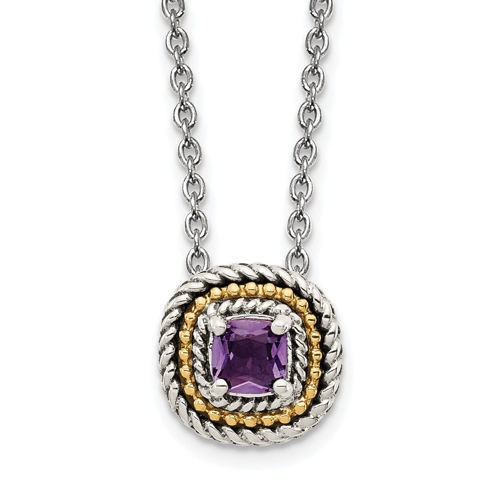 Sterling Silver Antiqued w/14K Accent Amethyst Square Slide Necklace