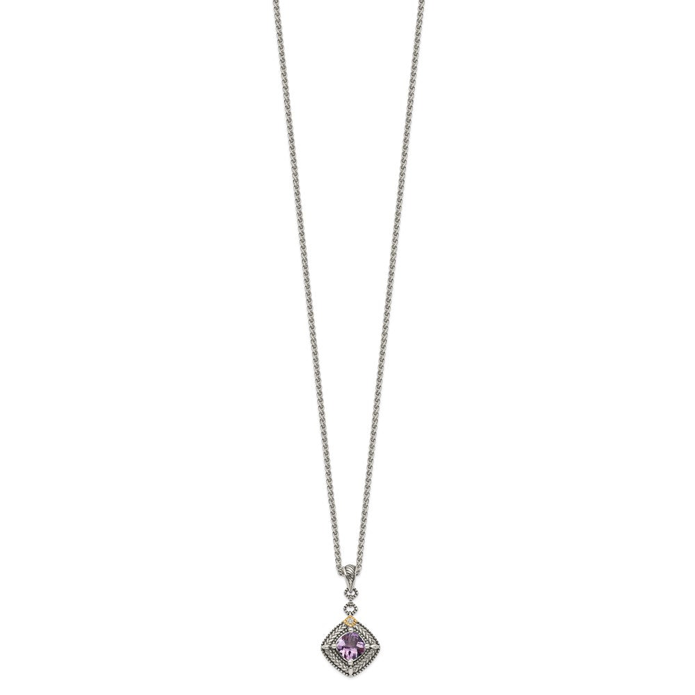 Sterling Silver Antiqued w/ 14K Amethyst & Diamond Dangle Necklace