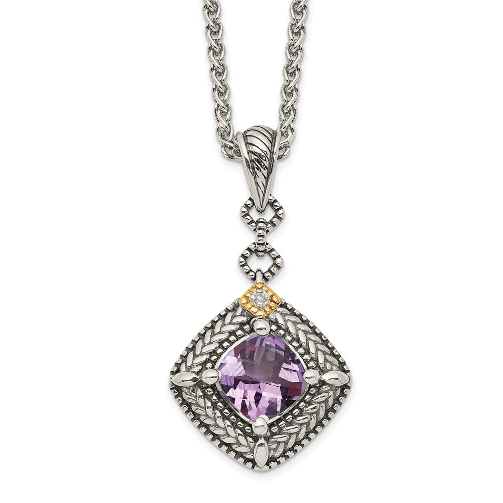 Sterling Silver Antiqued w/ 14K Amethyst & Diamond Dangle Necklace