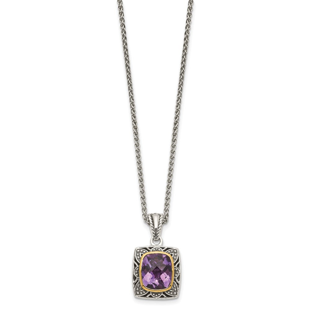 Sterling Silver Antiqued w/ 14k Polished Amethyst Necklace
