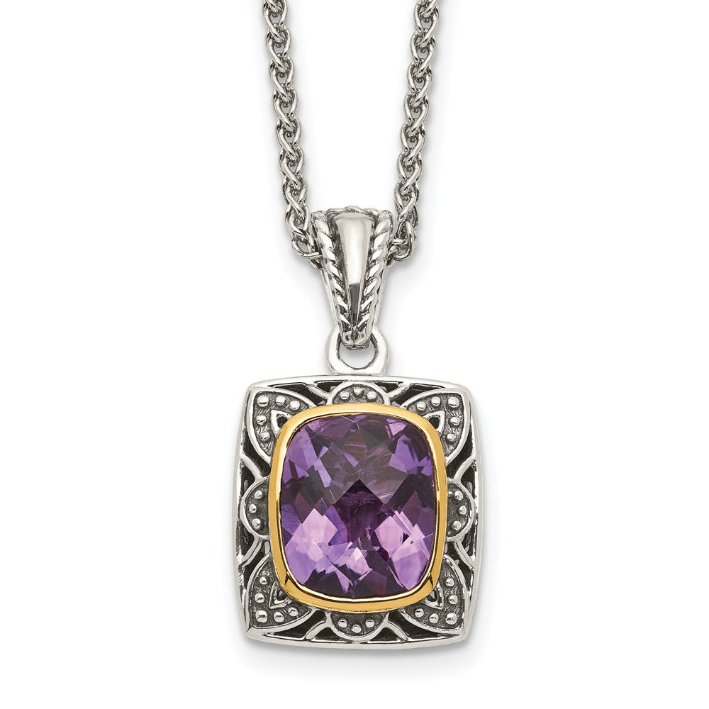 Sterling Silver Antiqued w/ 14k Polished Amethyst Necklace