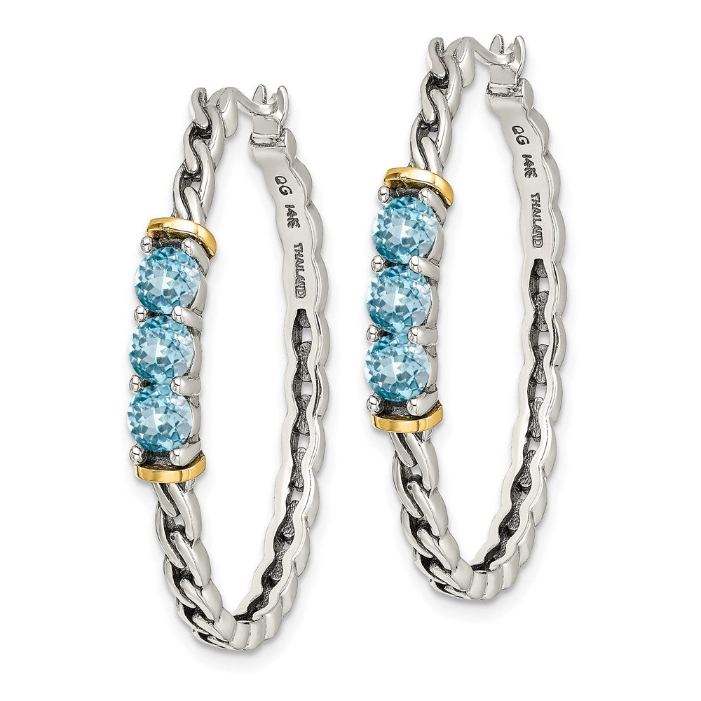 Sterling Silver w/14k Accent Antiqued Lt Swiss Blue Topaz Hoop Earrings