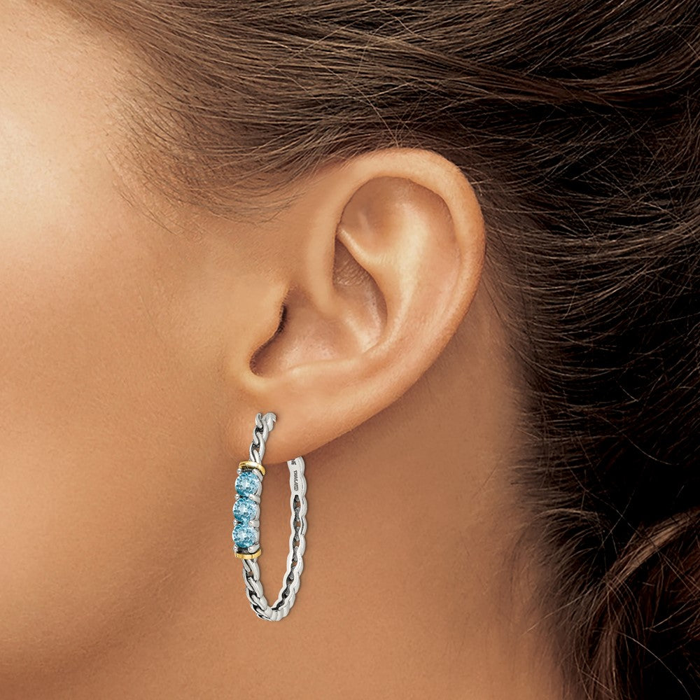 Sterling Silver w/14k Accent Antiqued Lt Swiss Blue Topaz Hoop Earrings