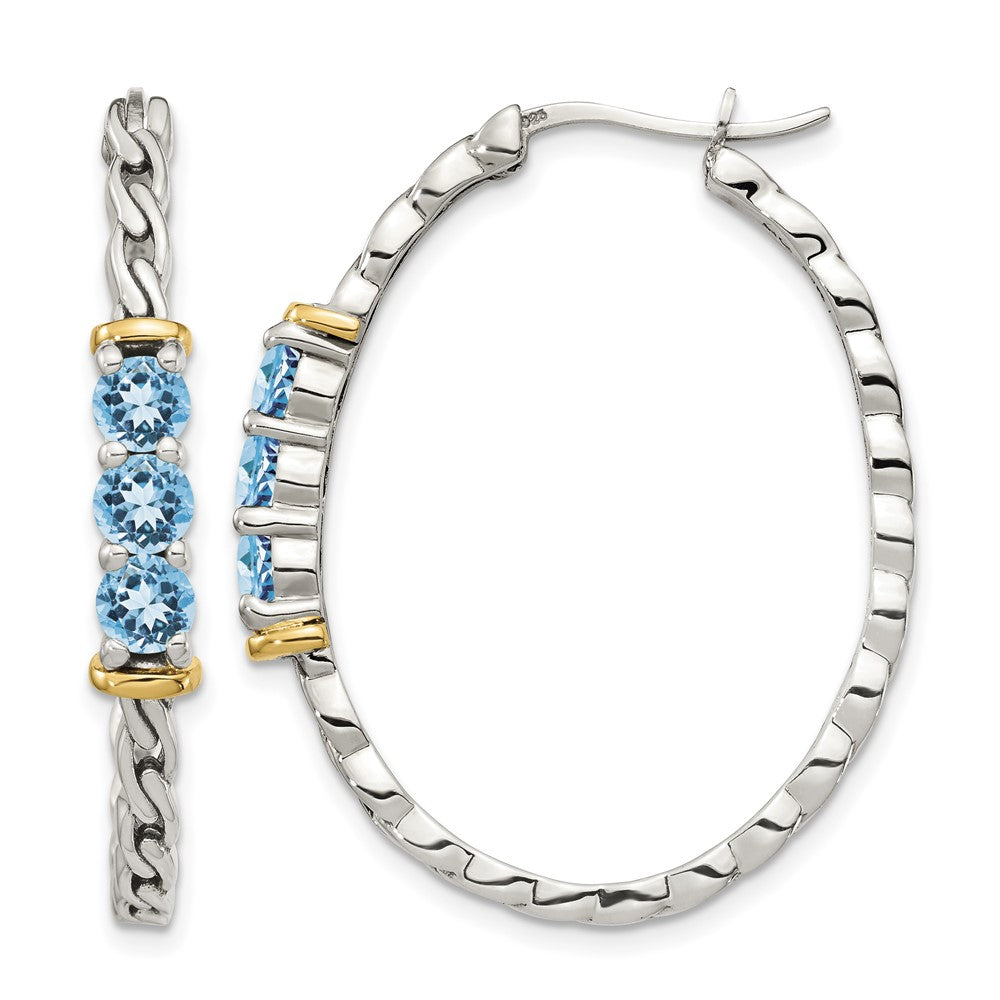 Sterling Silver w/14k Accent Antiqued Lt Swiss Blue Topaz Hoop Earrings