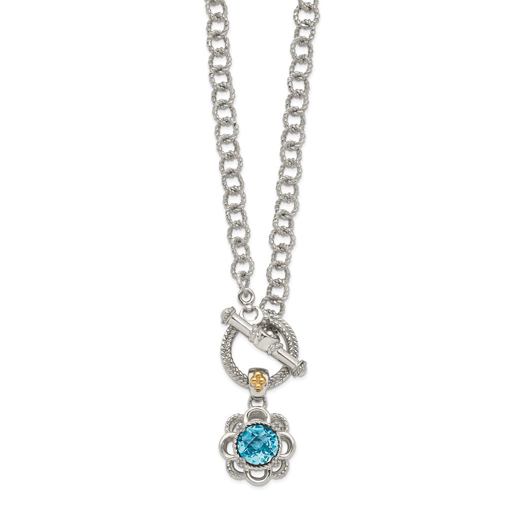 Sterling Silver Rhod-pltd w/14k Lt Blue Topaz/Diamond Toggle Necklace