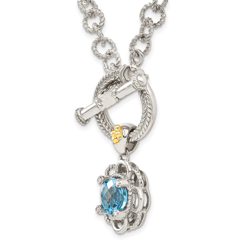 Sterling Silver Rhod-pltd w/14k Lt Blue Topaz/Diamond Toggle Necklace
