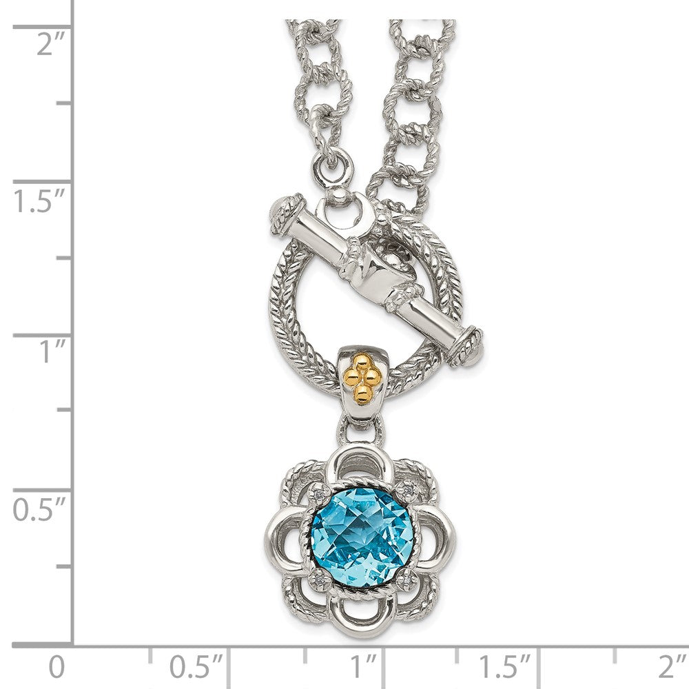 Sterling Silver Rhod-pltd w/14k Lt Blue Topaz/Diamond Toggle Necklace