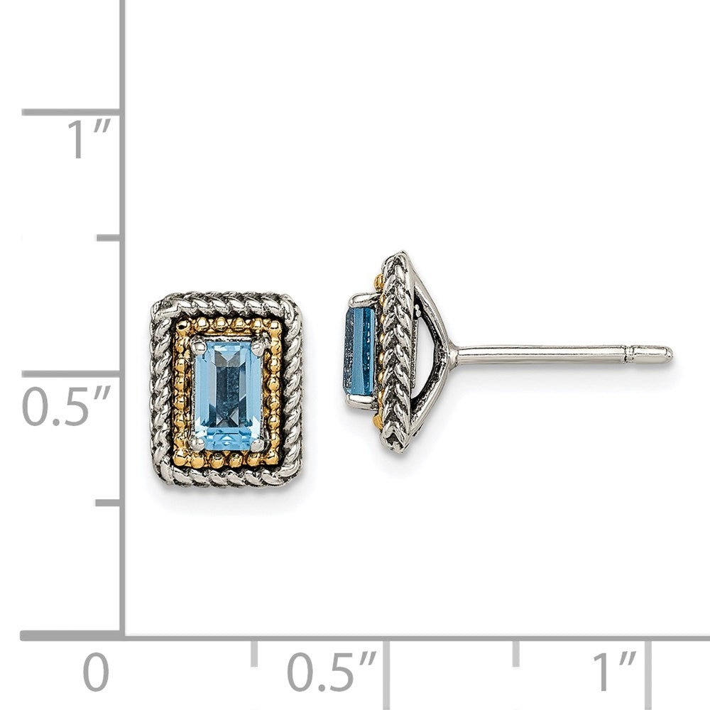 Sterling Silver w/14k Accent Antiqued Lt Swiss Blue Topaz Post Earrings
