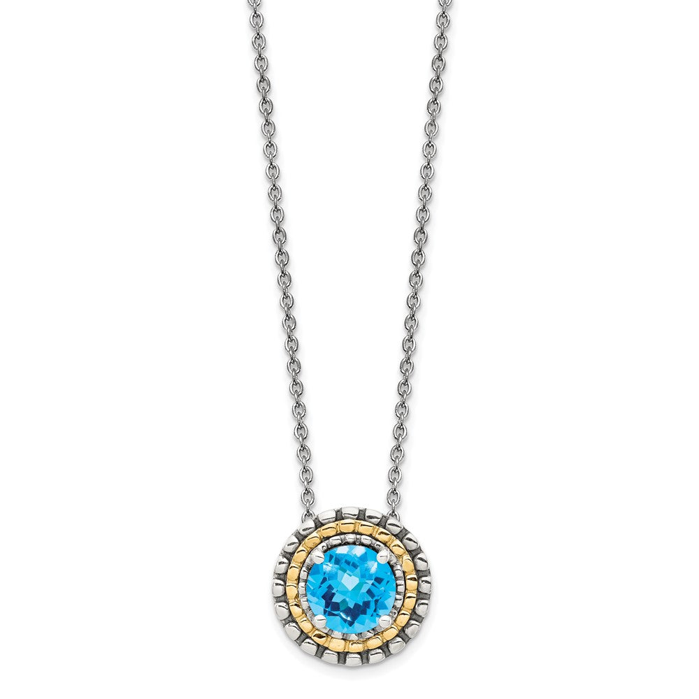Sterling Silver w/14k Antiqued Round Lt Swiss Blue Topaz Necklace