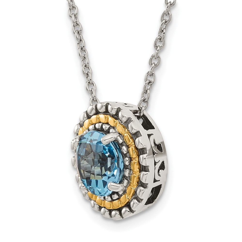 Sterling Silver w/14k Antiqued Round Lt Swiss Blue Topaz Necklace