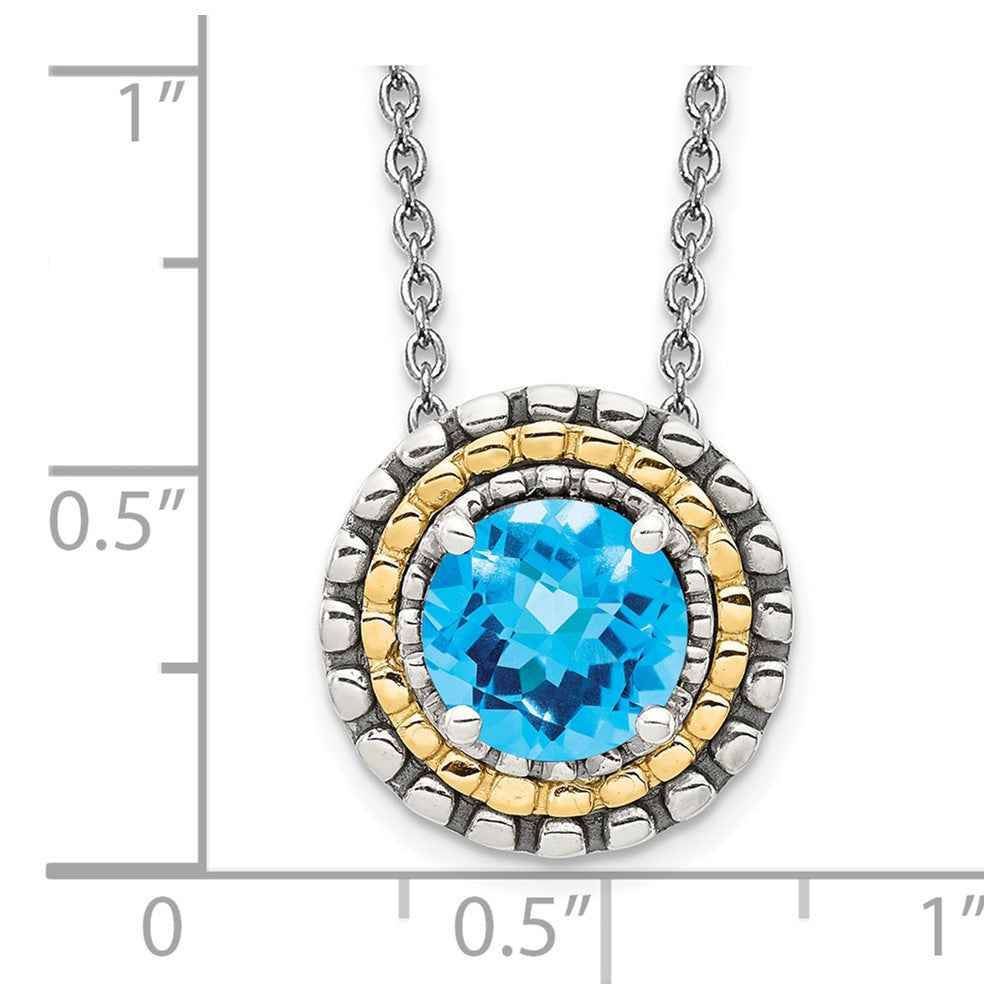 Sterling Silver w/14k Antiqued Round Lt Swiss Blue Topaz Necklace