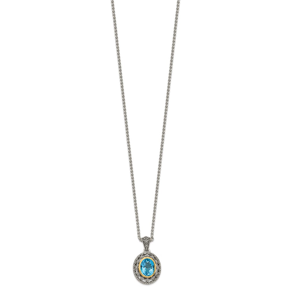 Sterling Silver Antiqued w/ 14K Accent Lt Swiss Blue Topaz Oval Necklace