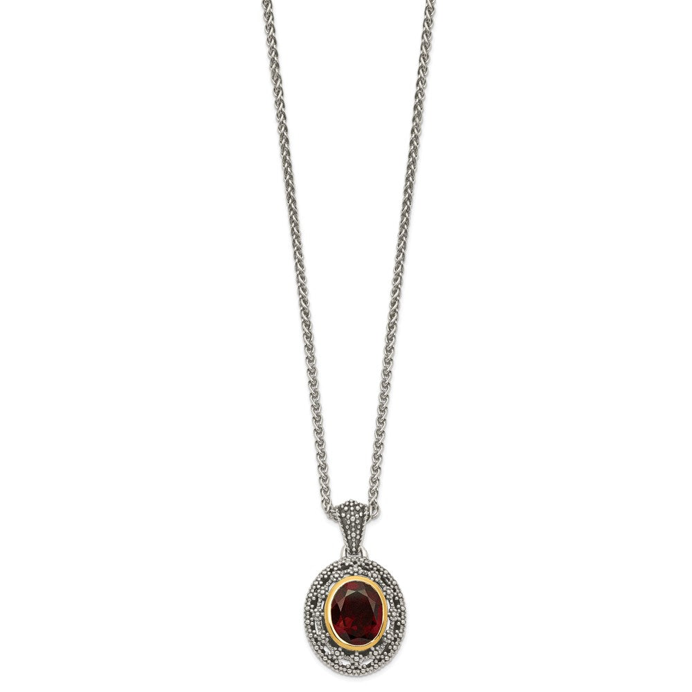 Sterling Silver Antiqued w/ 14K Accent Garnet Oval Necklace