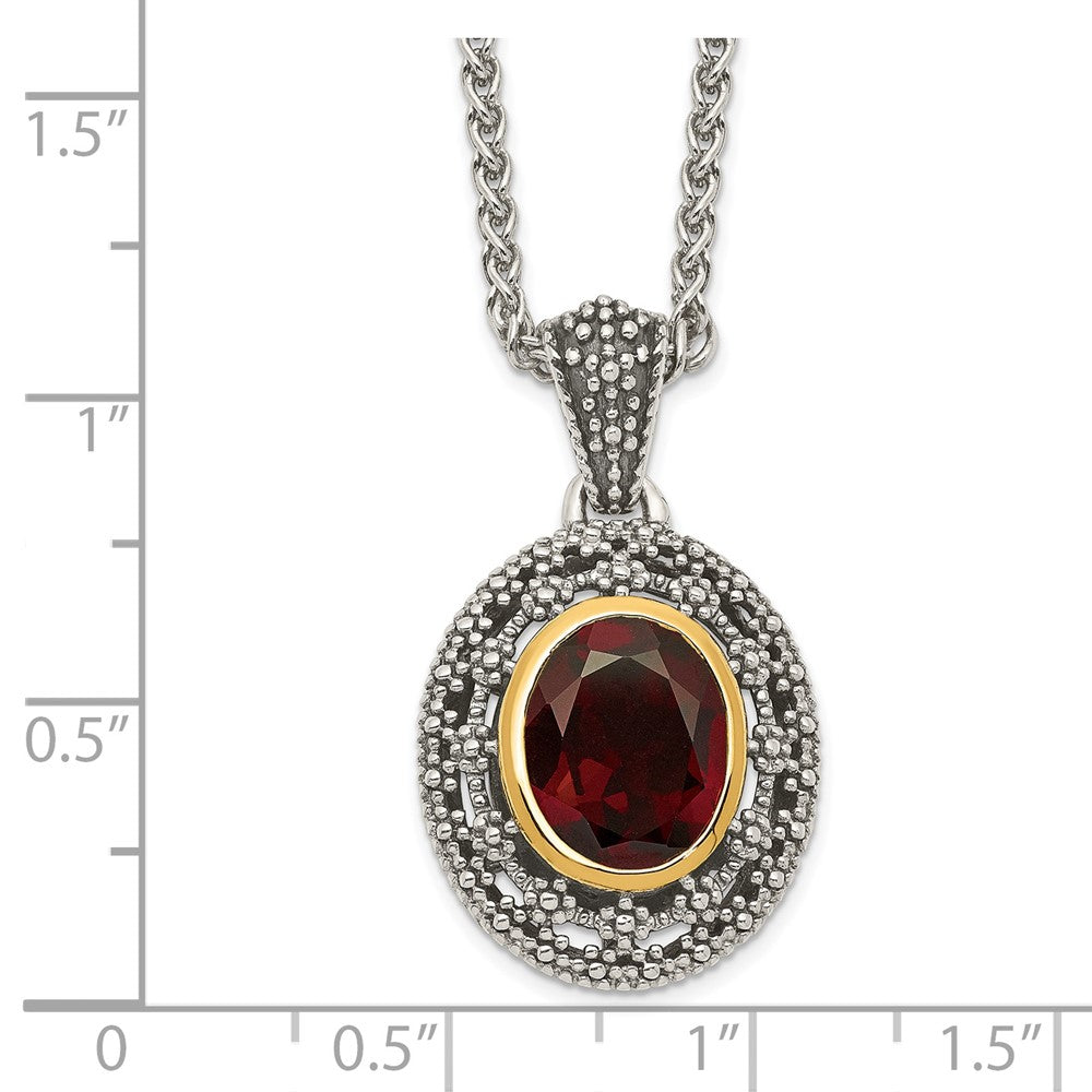 Sterling Silver Antiqued w/ 14K Accent Garnet Oval Necklace