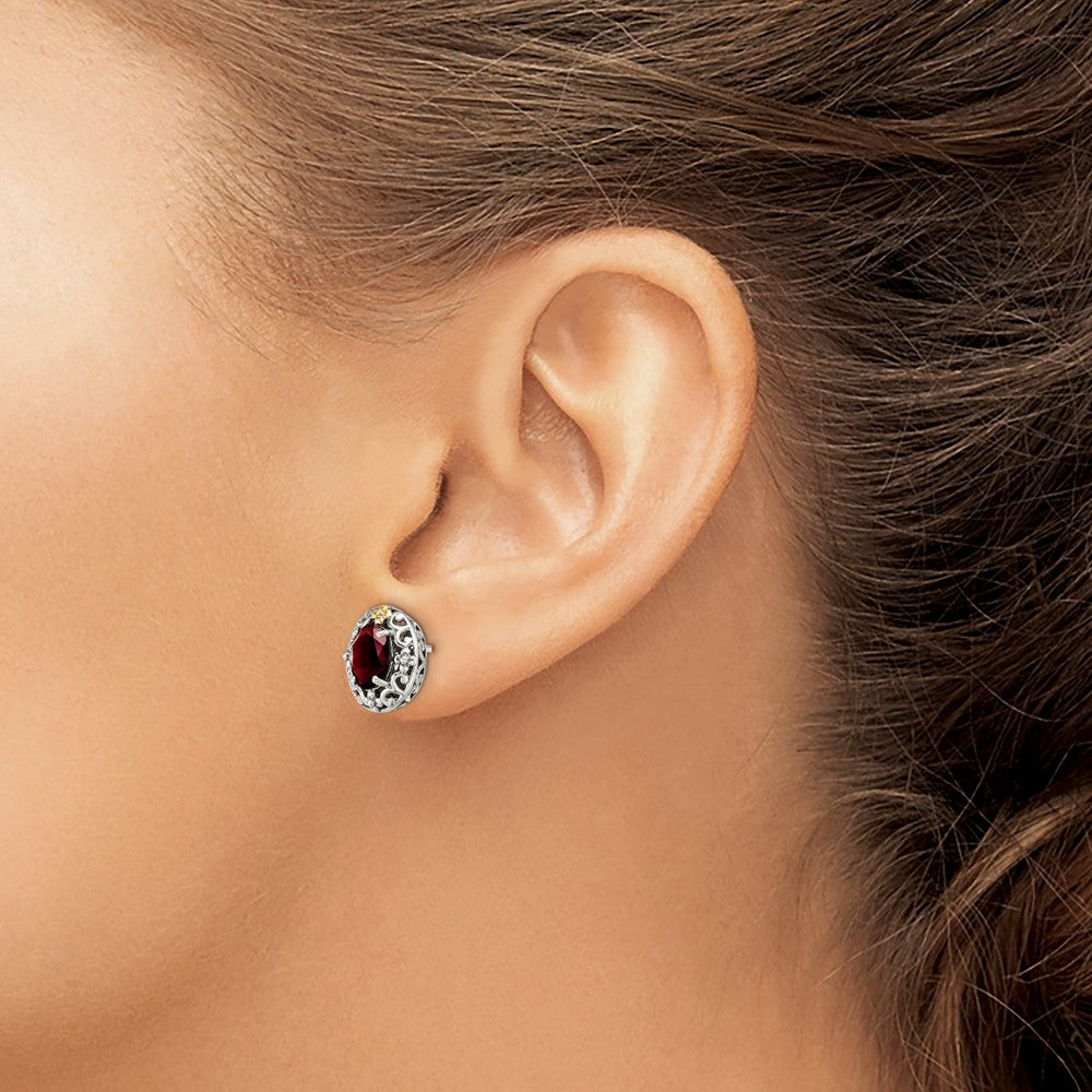 Sterling Silver w/14k Accent Antiqued Garnet Post Earrings