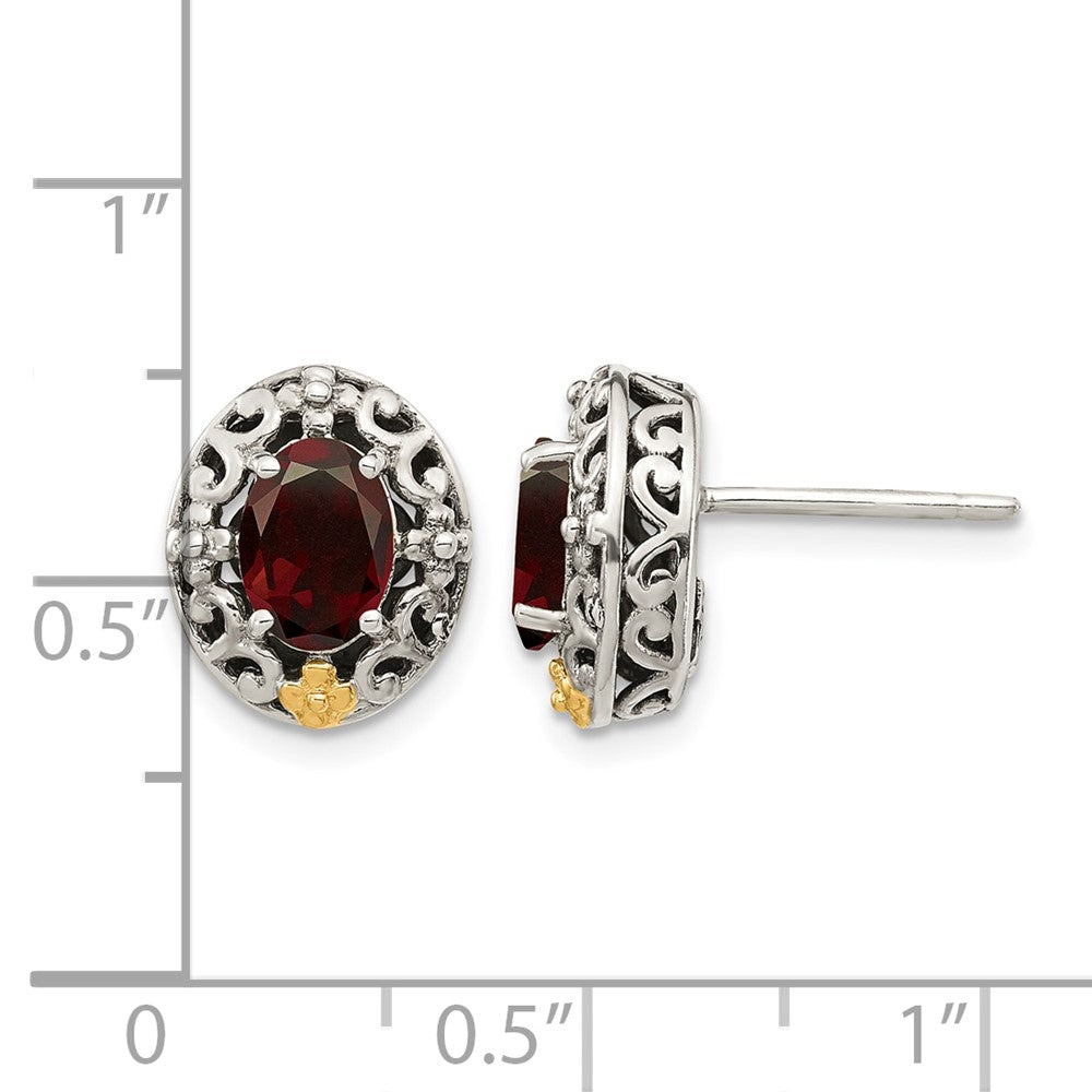 Sterling Silver w/14k Accent Antiqued Garnet Post Earrings