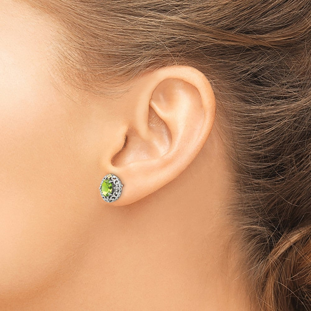 Sterling Silver w/14k Accent Antiqued Peridot Post Earrings