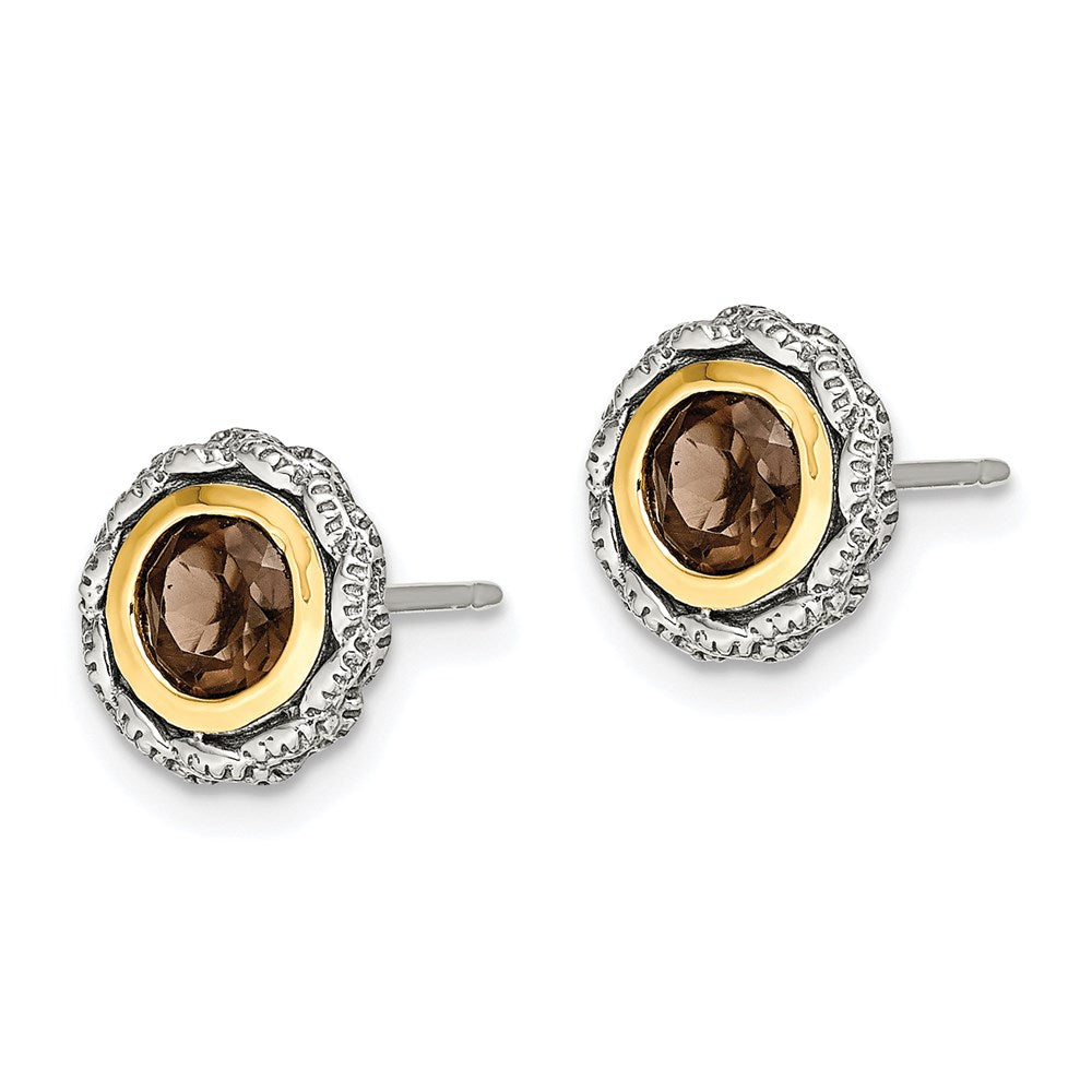Sterling Silver Antiqued w/ 14K Accent Smokey Quartz Post Earrings