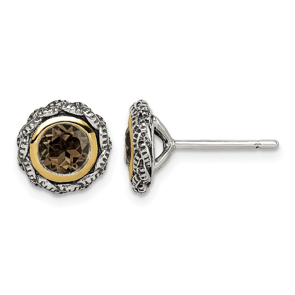 Sterling Silver Antiqued w/ 14K Accent Smokey Quartz Post Earrings