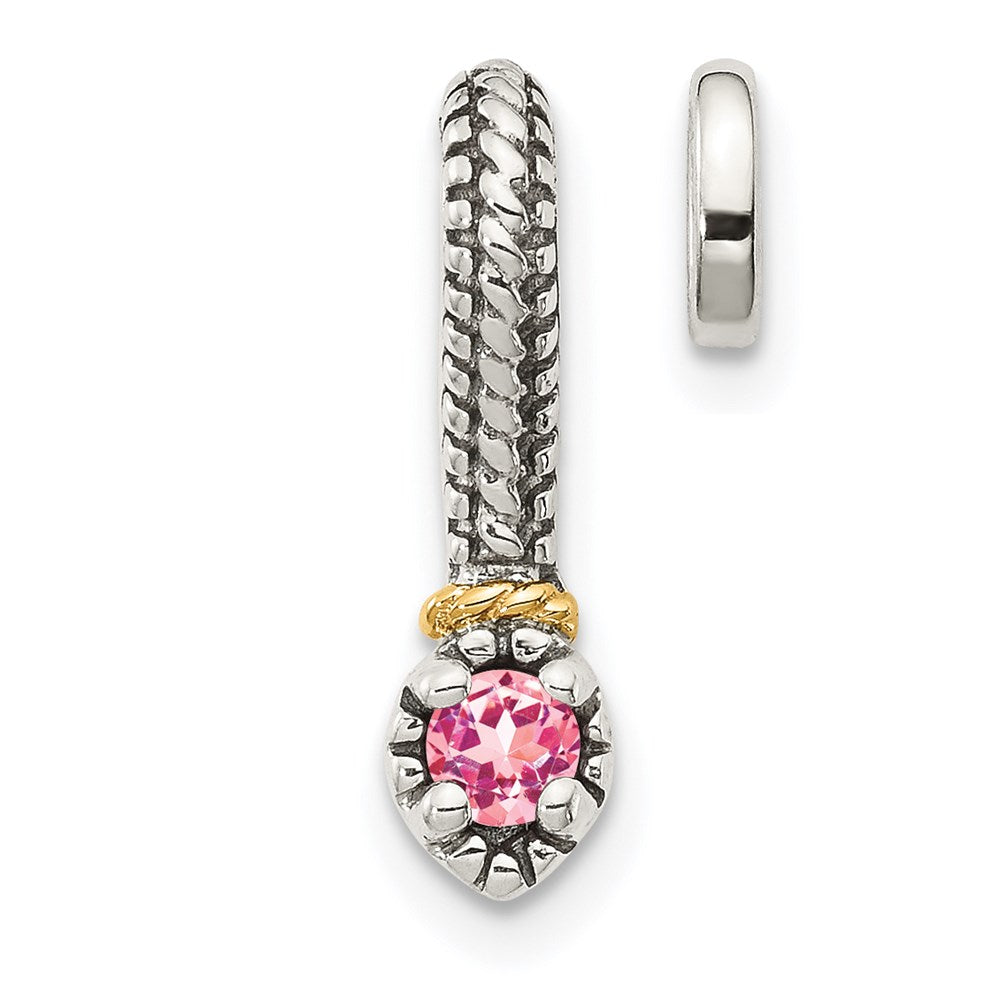 Sterling Silver Antiqued w/ 14k Pink Tourmaline Chain Slide Pendant