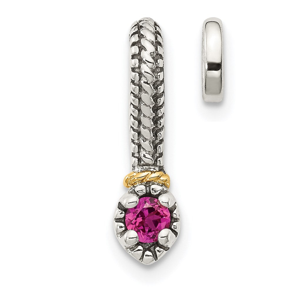 Sterling Silver Antiqued w/ 14k Polish Created Ruby Chain Slide Pendant