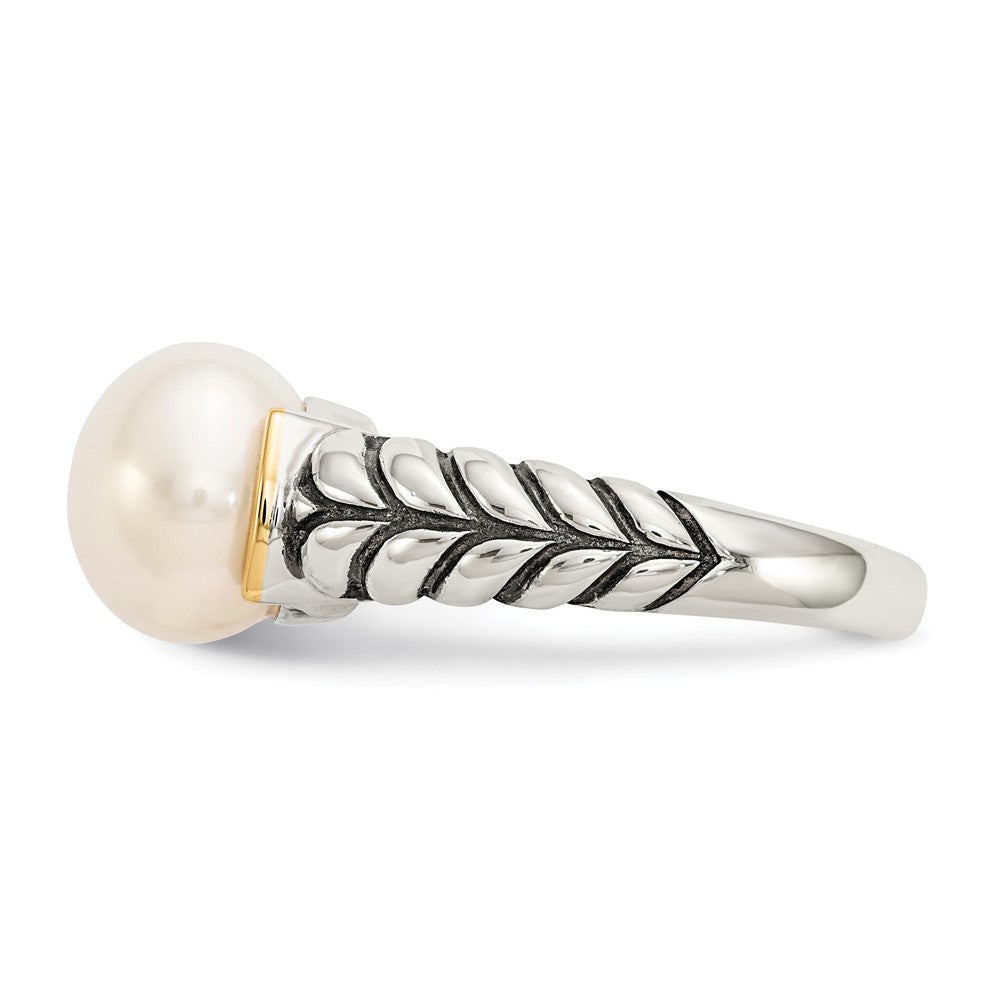 Sterling Silver Antiqued w/14k 10mm Button FW Cultured Pearl Ring