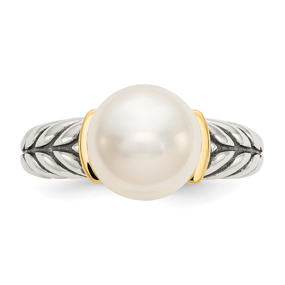 Sterling Silver Antiqued w/14k 10mm Button FW Cultured Pearl Ring