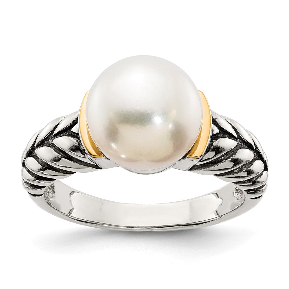 Sterling Silver Antiqued w/14k 10mm Button FW Cultured Pearl Ring