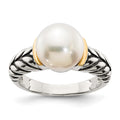 Sterling Silver Antiqued w/14k 10mm Button FW Cultured Pearl Ring