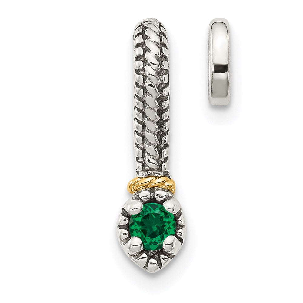 Sterling Silver Antiqued w/ 14k Created Emerald Chain Slide Pendant