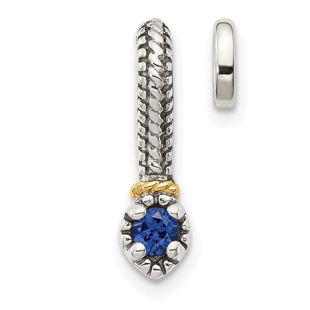 Sterling Silver Antiqued w/ 14k Created Sapphire Chain Slide Pendant