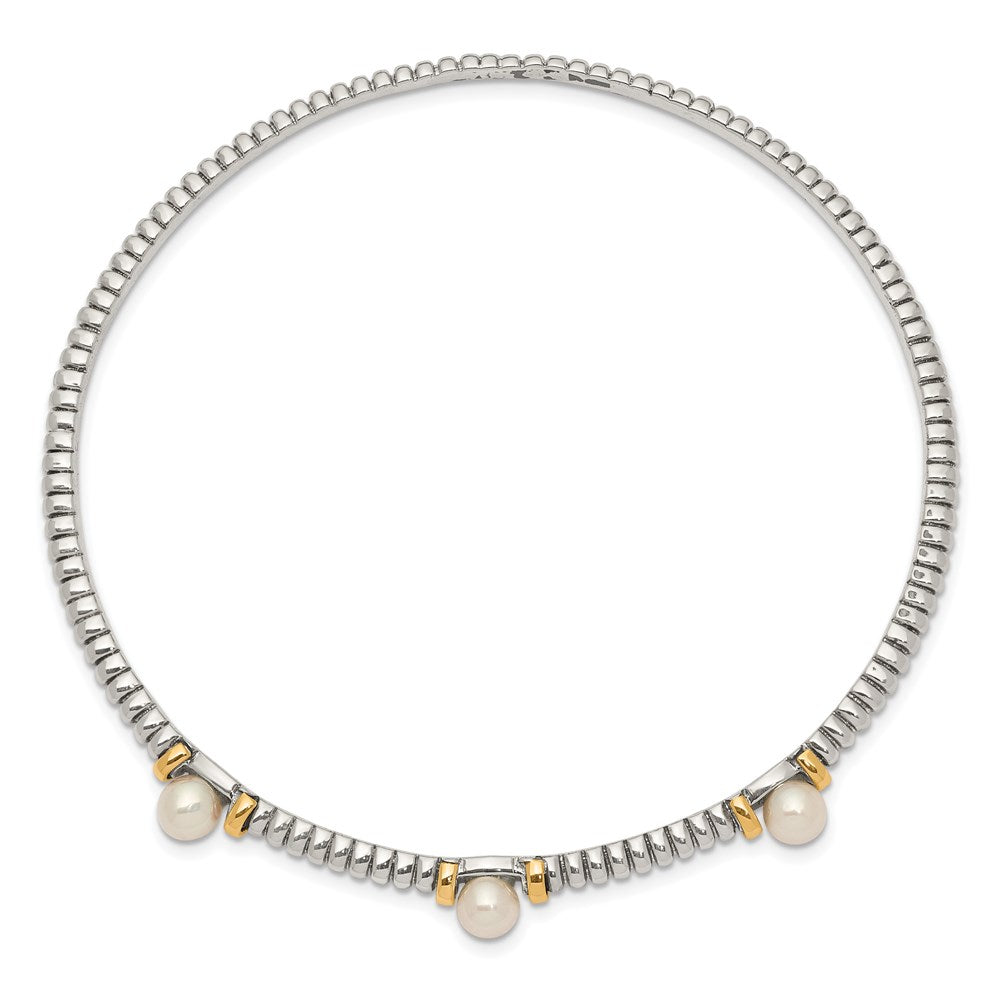 Sterling Silver Antiqued w/14k 4.5mm FWC Button Pearl Bangle Bracelet