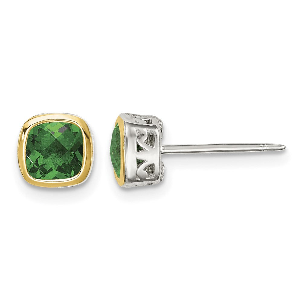 Sterling Silver RH-pltd w/14k Accent Creat. Emerald Square Stud Earrings