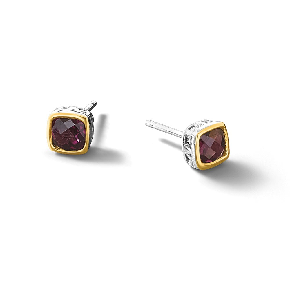 Sterling Silver RH-pltd w/14k Accent Rhod. Garnet Square Stud Earrings