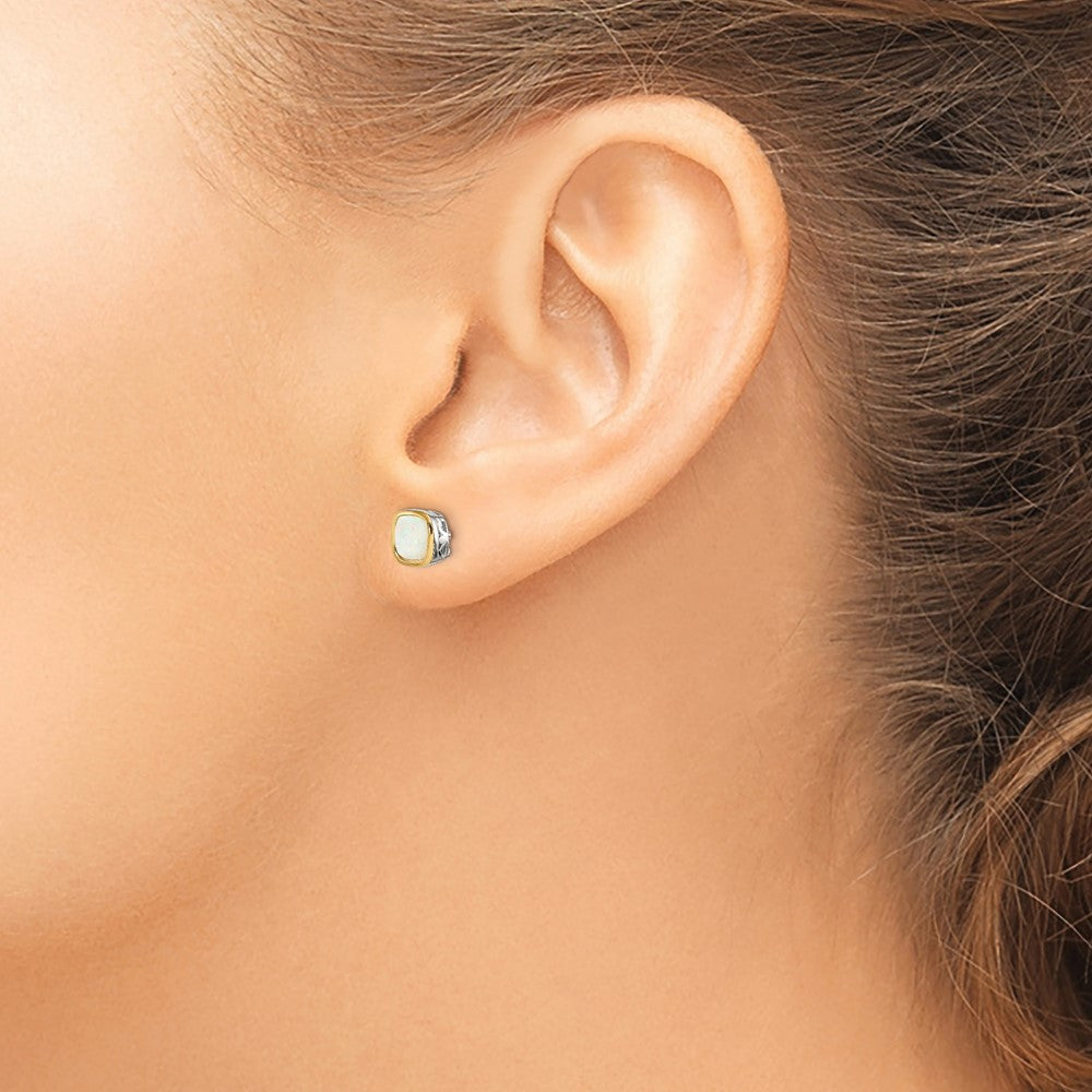 Sterling Silver RH-pltd w/14k Accent Milky Opal Square Stud Earrings